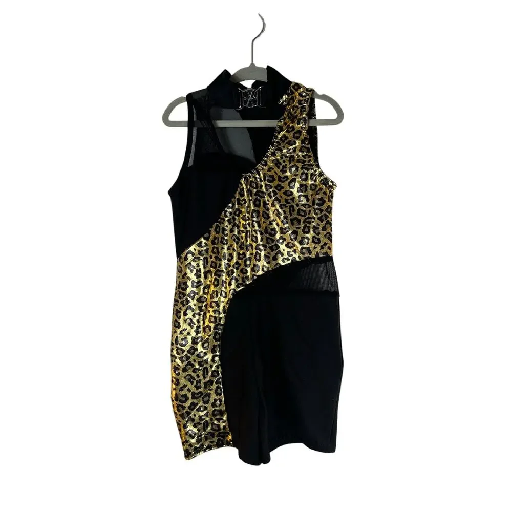 A WISH COME TRUE Girl’s Black/Gold Cheetah Print Dance Leotard / Size: MC Medium